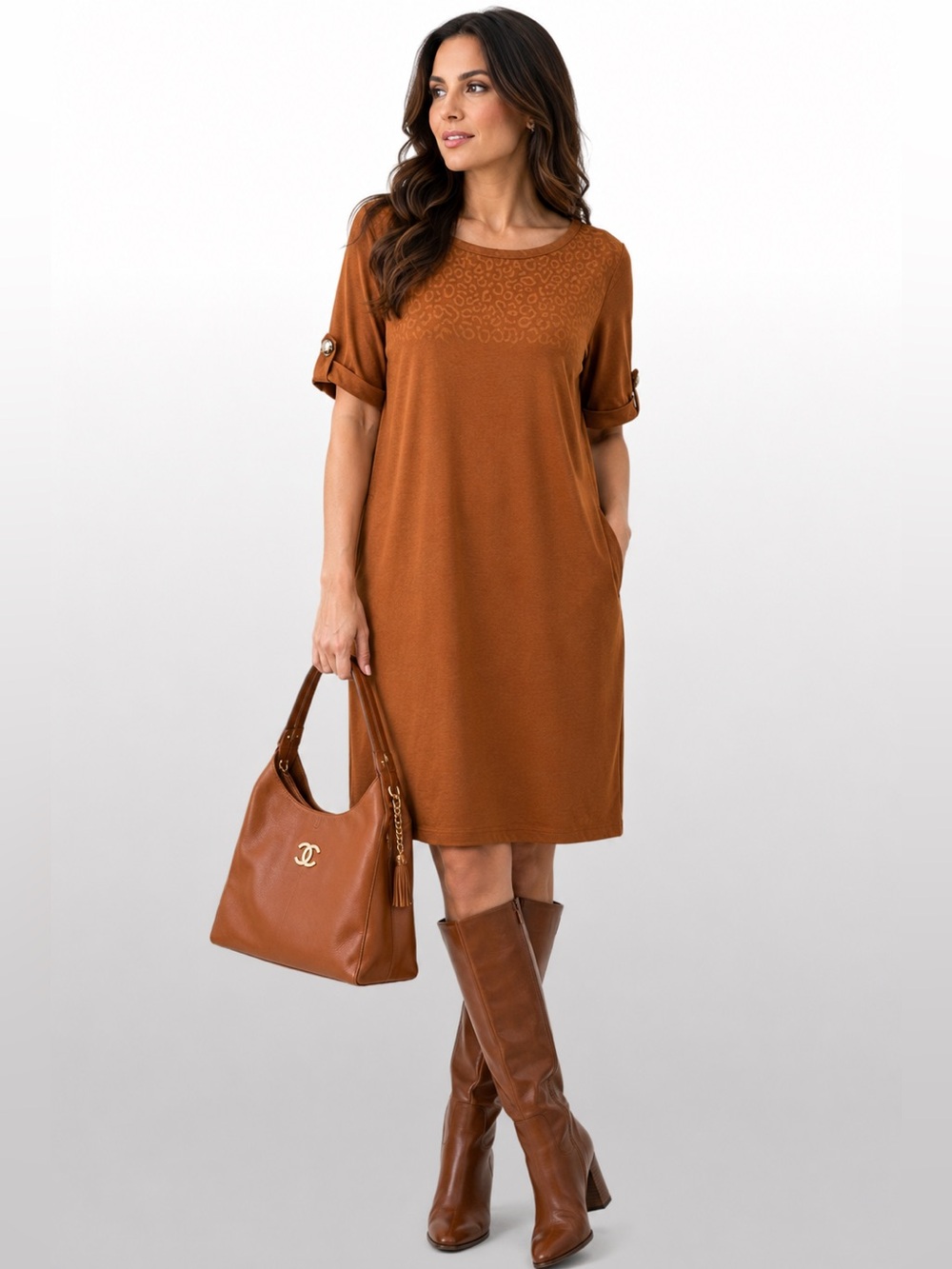 Tiana B Cognac Leopard Print Knit Shift Dress Roll Tab Sleeve Size 14